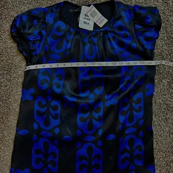 INC BLUE & BLACK SHIFT DRESS GLOSSY PURE SILK CAP SLEEVES MIDI NWT SIZE 6 - Picture 6 of 7